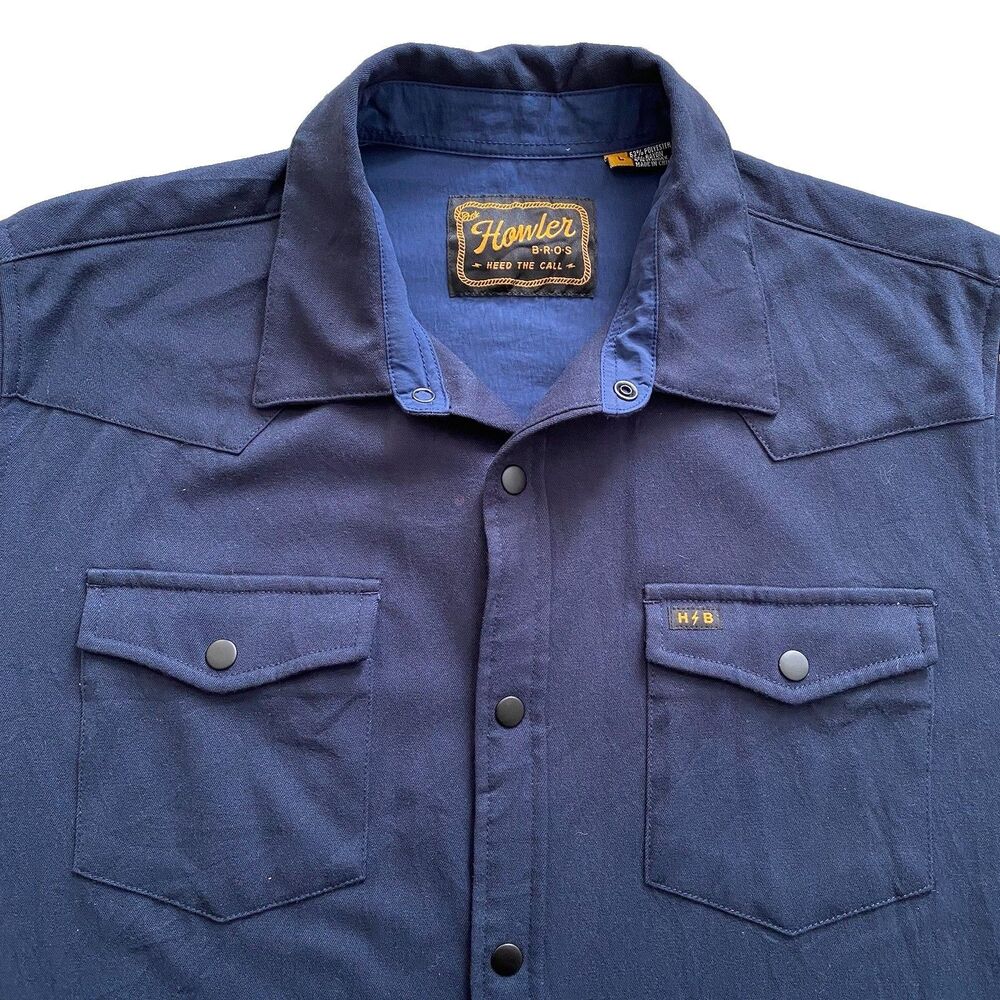 Howler Bros Stockman Stretch Snap Shirt Large Navy Blue Western Rayon